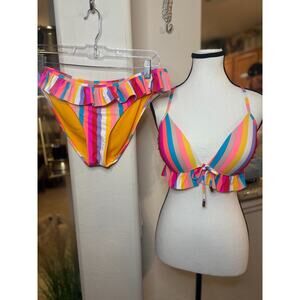 California Waves Multicolor Stripe Ruffle Bikini
Top = Large
Bottom = XL
